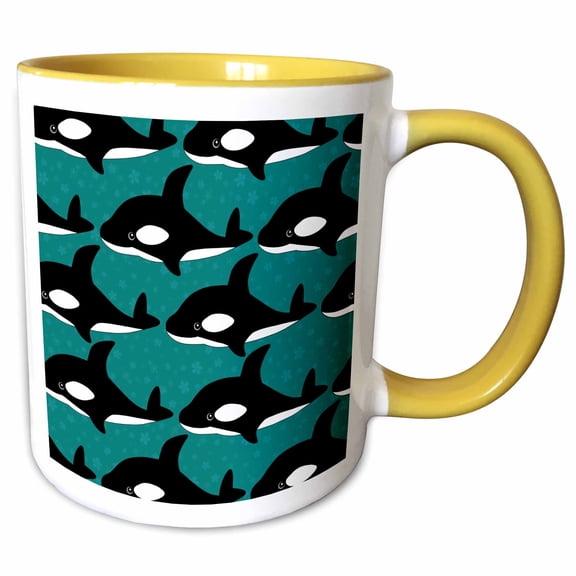 3drose, Cute Orca Whales on the Waves Print, 11oz Two-tone Yellow Mug