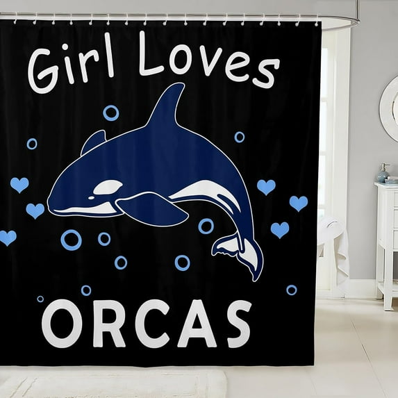 Cute Orcas Shower Curtain Girl Loves Orcas Bath Curtain for Kids Children Teens Cartoon Dolphin Bathroom Shower Curtain Set Kawaii Sea Animal Kids Bathroom Accessories 72"x72"