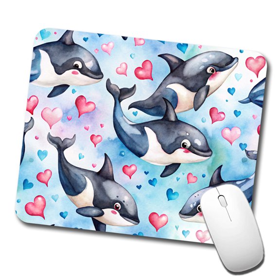 Cute Orcas Whales Hearts Watercolor Mouse Pad Low Profile Gaming Mat