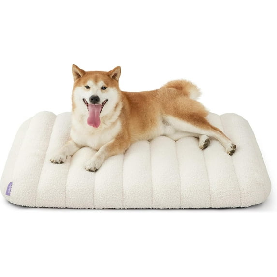 Cute Orthopedic Dog Bed for Medium Size Dogs, Waterproof Chic Flat Pet Mat with Removable Washable Cover, Fuzzy Thick Egg Crate Foam Pet Mattress for Indoor Use (30" x 20",Cream
