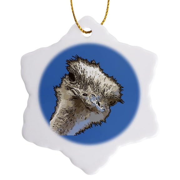 3drose, Cute Ostrich Bird Face Black Outline Art, 3 inch Snowflake Porcelain Ornament