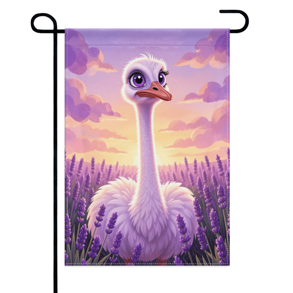 Cute Ostrich Lavender Garden Flag 12×18in Double Sided Whimsical Farmhouse Spring Summer Weatherproof Decor For Outdoor Porch Lawn Patio Yard Home
