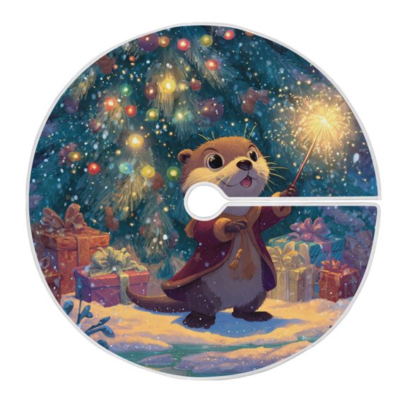 Cute Otter Celebrate Christmas with Fireworks Christmas Tree Skirt Opening Design Floor Mat Holiday Decor 35 inch