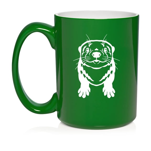 Cute Otter Ceramic Coffee Mug Tea Cup Gift for Her, Him, Friend, Coworker, Wife, Husband, Animal Lover (15oz Green)