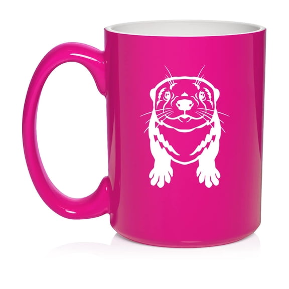 Cute Otter Ceramic Coffee Mug Tea Cup Gift for Her, Him, Friend, Coworker, Wife, Husband, Animal Lover (15oz Hot Pink)