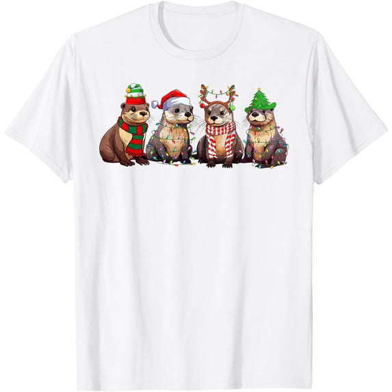Cute Otter Christmas Funny Xmas Lights Animals Lover Softstyle Unisex T-Shirt,White Color,Size 4T