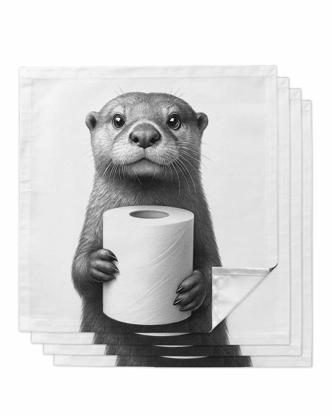 Cute Otter Cloth Napkins Set of 4 Reusable Dinner Napkins, Funny Animal with Toilet Paper Cocktail Napkin Washable Table Napkins for Wedding/Holiday Party/Baby Shower 20"x20"