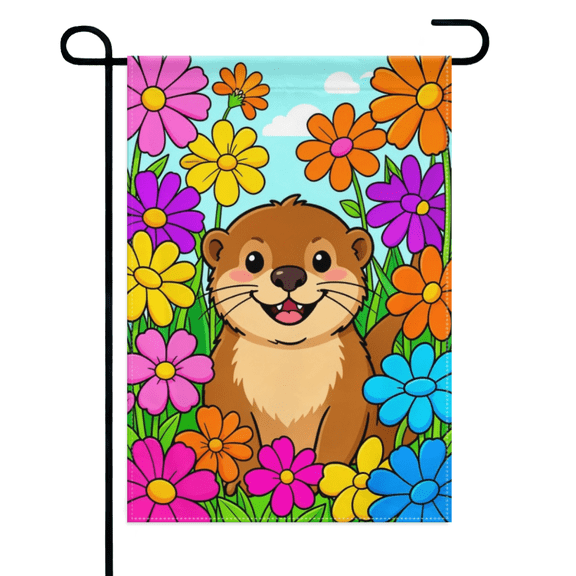 Cute Otter Garden Flag 12×18in Double Sided Happy Animal & Colorful Flowers Spring Summer Fade Resistant Decor For Outdoor Porch Lawn Patio Yard Home