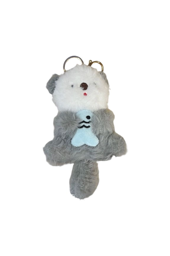 Cute Otter and Kitten Plush Keychain, Soft Stuffed Animal Bag Pendant with Fish, Creative Backpack Charm for Girls, Couples Gift Idea Style #E221 Light Gray