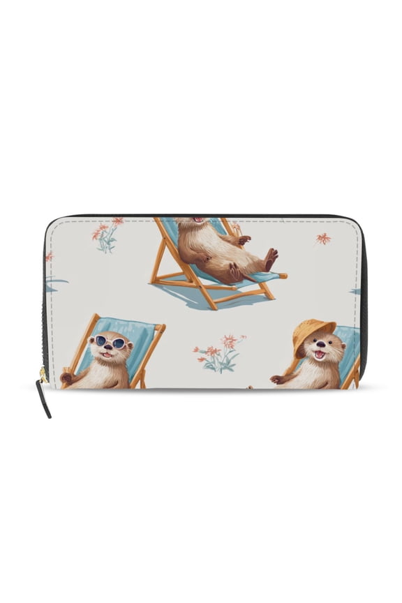Cute Otter Lying on Beach Flowers Women's Long Zipper Wallet Bifold Clutch Purse PU Leather Card Cases