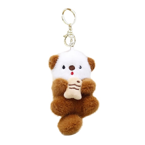 Cute Otter Plush Keychain Soft Animal Bag Charm Hugging Fish Stuffed Toy Pendant Aesthetic Keyring for Backpack Purse Couple Best Friend Gift Light Brown