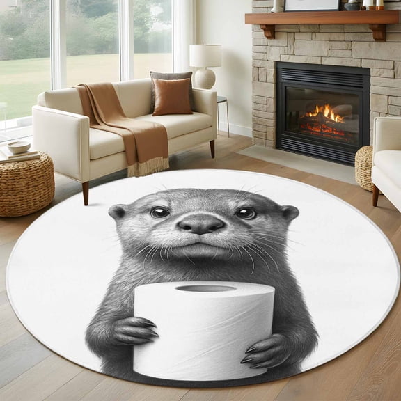 Cute Otter Round Area Rug 8Ft Washable Large Circle Rugs for Living Room Dorm, Funny Animal with Toilet Paper Non-Slip Carpet Floor Mats Indoor Outdoor Carpet Runner Aesthetic Home Decor