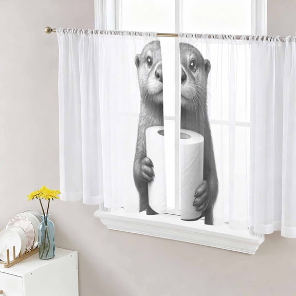 Cute Otter Sheer Curtains 45 Inches Length 2 Panels Set, Window Sheer Curtains for Living Room/Bedroom, Funny Animal with Toilet Paper Light Filtering Rod Pocket Curtain 52''x45''x2