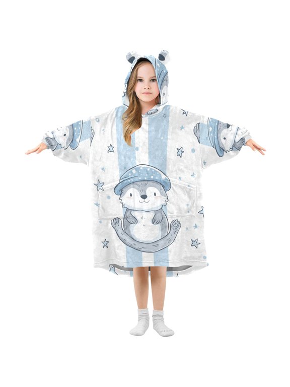 Cute Otter with Hat Stars Flannel Wearable Blankets Hooded Design Long Sleeves Wrap Unisex for 3T-14Y S