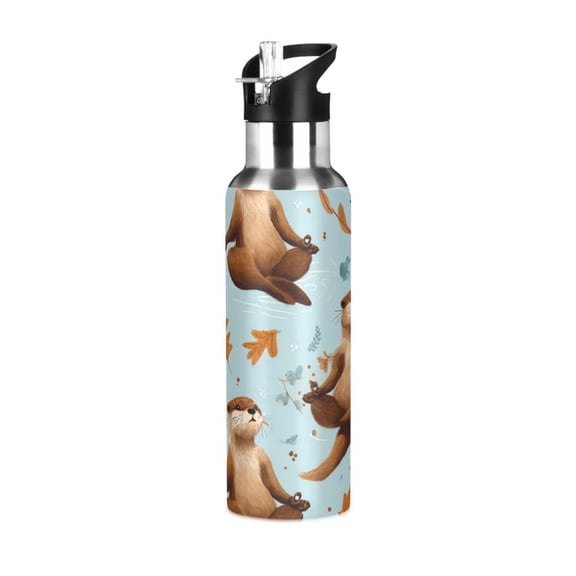 Cute Otters Doing Yoga Poses Sports Bottle with Straw Stainless Steel Water Jug Portable Thermal Cup Leak-proof 600ML