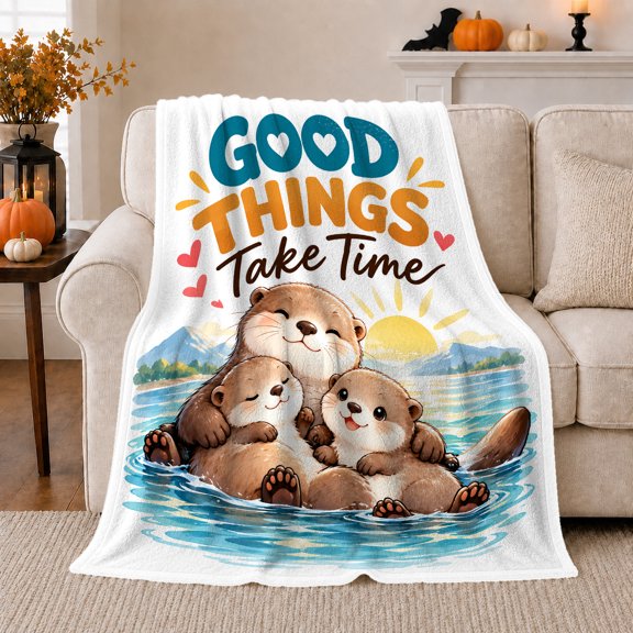 Cute Otters Embracing Good Things Quote, Peaceful Mountain Lake Scene, Warm Flannel Blanket for Cabin and Lodge, Outdoor Lovers Christmas Gift, Festive Home Decor