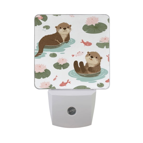 Cute Otters Fishes Flowers in Pond LED Night Light Sensor Lamp Plug-in Adjustable Brightness 2 Pack