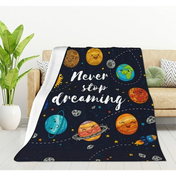Cute Outer Space Planets Blanket Fleece Never Stop Dreaming Throw Blanket Comets Sun Cosmos Blanket for Women Solar System Fuzzy Plush Blanket for Bed Couch Sofa Chair Office (40"x 50")