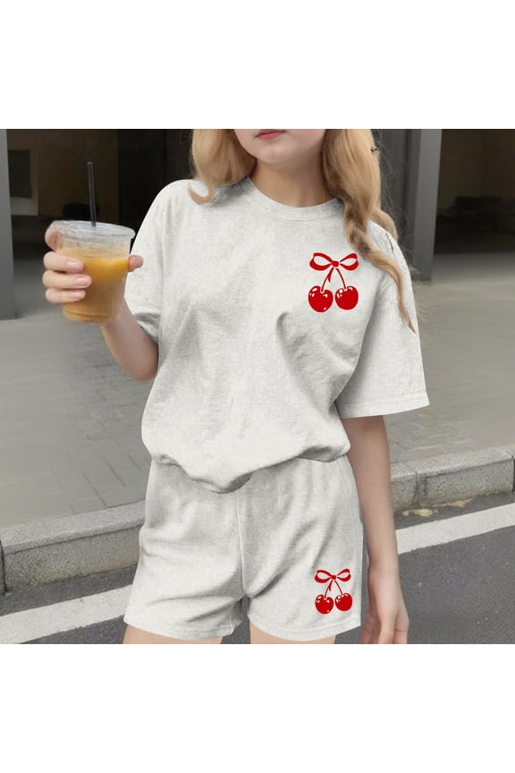 Cute Outfits for Girls 2 Piece Printed Short Sleeve Crewneck Shirts and Shorts Matching Sets Sweatsuit Summer Clothes Gray 11-12Years