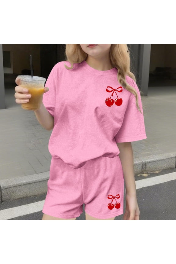 Cute Outfits for Girls 2 Piece Printed Short Sleeve Crewneck Shirts and Shorts Matching Sets Sweatsuit Summer Clothes Pink 5-6Years