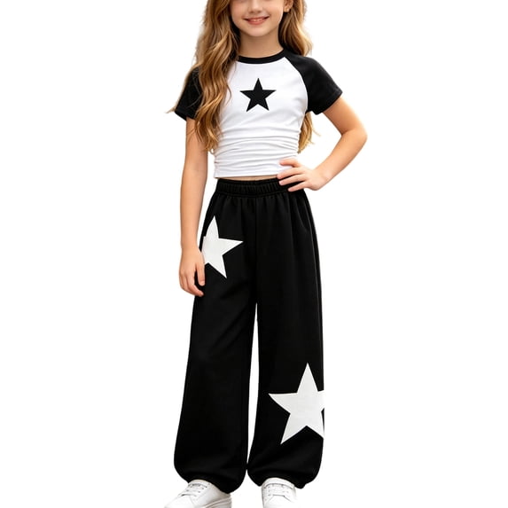 Cute Outfits for Girls Clothes 2 Pcs Outfits Star Print Top Striped Wide Leg Pants Y2K Clothing Set Black 8-9 Years