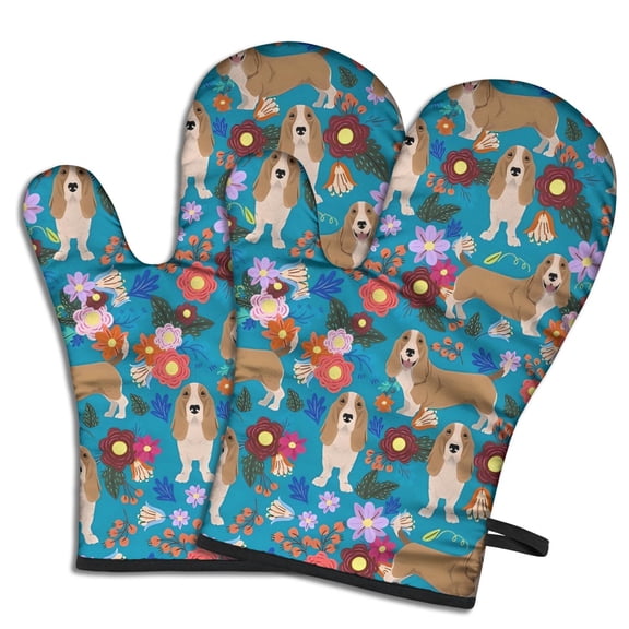 Cute Oven Mitts,Basset Hound Dog and Flower-1 Oven Mitt 2-Pack Set,Kitchen Gloves for Oven,Heat Resistant Oven Mitts 7.7"x12"