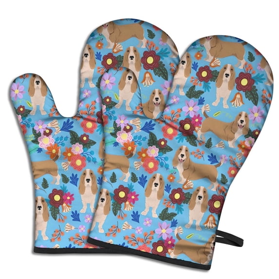 Cute Oven Mitts,Basset Hound Dog and Flower Oven Mitt 2-Pack Set,Kitchen Gloves for Oven,Heat Resistant Oven Mitts 7.7"x12"