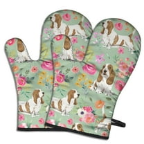 Cute Oven Mitts,Basset Hound and Pioneer Flower Oven Mitt 2-Pack Set,Kitchen Gloves for Oven,Heat Resistant Oven Mitts 7.7"x12"