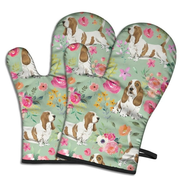 Cute Oven Mitts,Basset Hound and Pioneer Flower Oven Mitt 2-Pack Set,Kitchen Gloves for Oven,Heat Resistant Oven Mitts 7.7"x12"
