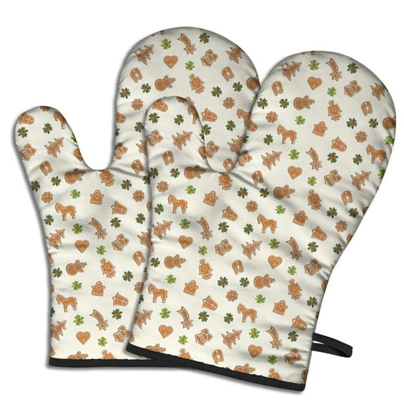 Cute Oven Mitts,Beige Christmas Gingerbread Pattern Oven Mitt 2-Pack Set,Kitchen Gloves for Oven,Heat Resistant Oven Mitts 7.7"x12"