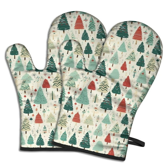 Cute Oven Mitts,Beige Christmas Tree Pattern Oven Mitt 2-Pack Set,Kitchen Gloves for Oven,Heat Resistant Oven Mitts 7.7"x12"