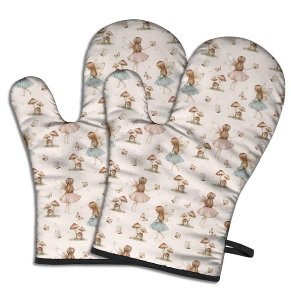 Cute Oven Mitts,Beige Fairy Mushroom Pattern Oven Mitt 2-Pack Set,Kitchen Gloves for Oven,Heat Resistant Oven Mitts 7.7"x12"