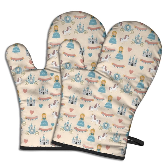 Cute Oven Mitts,Beige Princess Unicorn Pattern Oven Mitt 2-Pack Set,Kitchen Gloves for Oven,Heat Resistant Oven Mitts 7.7"x12"