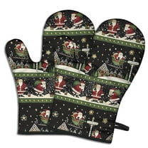 Cute Oven Mitts,Black Christmas Santa Pattern Oven Mitt 2-Pack Set,Kitchen Gloves for Oven,Heat Resistant Oven Mitts 7.7"x12"