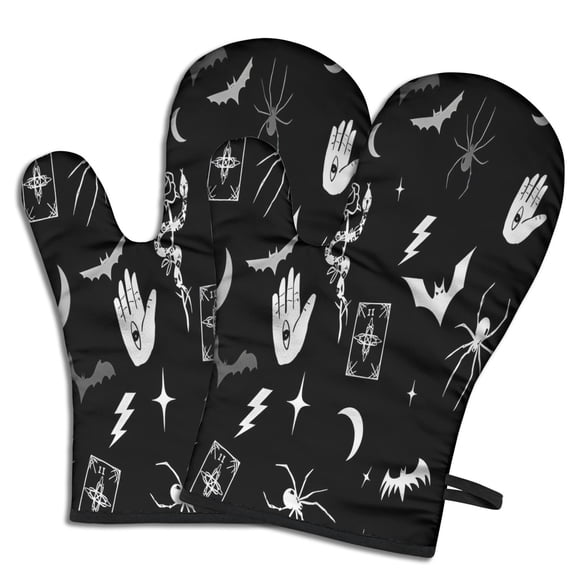 Cute Oven Mitts,Black Halloween Witchy Symbols Oven Mitt 2-Pack Set,Kitchen Gloves for Oven,Heat Resistant Oven Mitts 7.7"x12"