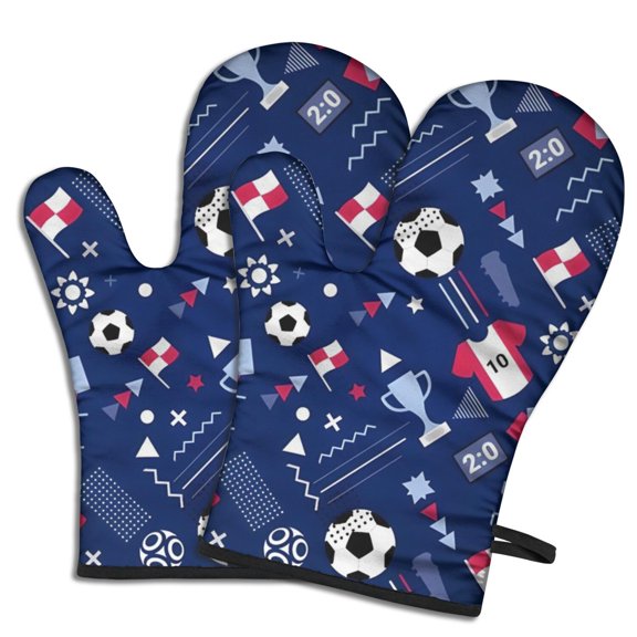 Cute Oven Mitts,Blue Soccer Elements Pattern Oven Mitt 2-Pack Set,Kitchen Gloves for Oven,Heat Resistant Oven Mitts 7.7"x12"