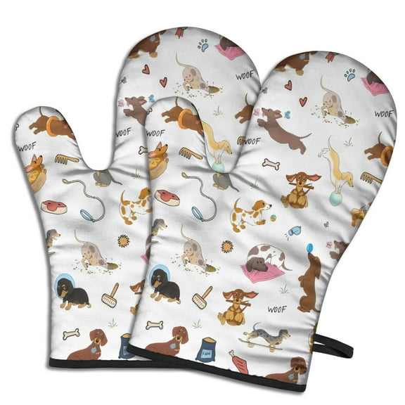 Cute Oven Mitts,Cartoon Dachshund Oven Mitt 2-Pack Set,Kitchen Gloves for Oven,Heat Resistant Oven Mitts 7.7"x12"