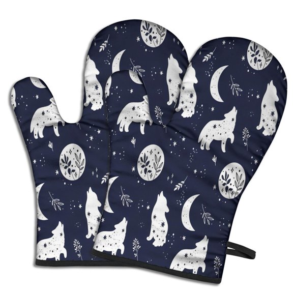 Cute Oven Mitts,Celestial Wolf Halloween Pattern Oven Mitt 2-Pack Set,Kitchen Gloves for Oven,Heat Resistant Oven Mitts 7.7"x12"