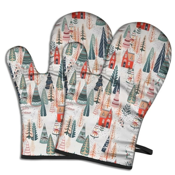 Cute Oven Mitts,Christmas Tree and House Pattern Oven Mitt 2-Pack Set,Kitchen Gloves for Oven,Heat Resistant Oven Mitts 7.7"x12"