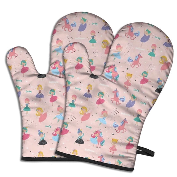 Cute Oven Mitts,Dancing Princess Unicorns Pattern Oven Mitt 2-Pack Set,Kitchen Gloves for Oven,Heat Resistant Oven Mitts 7.7"x12"