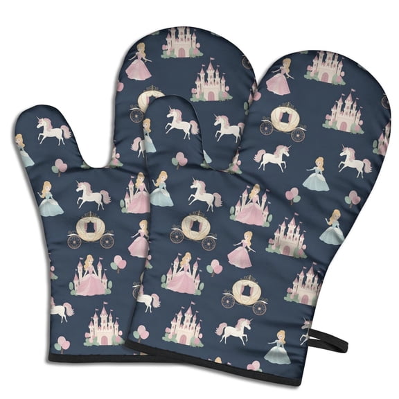Cute Oven Mitts,Dark Blue Princess Unicorn Pattern Oven Mitt 2-Pack Set,Kitchen Gloves for Oven,Heat Resistant Oven Mitts 7.7"x12"