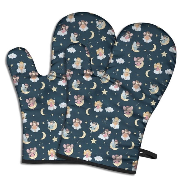 Cute Oven Mitts,Dark Blue Star Fairy Pattern Oven Mitt 2-Pack Set,Kitchen Gloves for Oven,Heat Resistant Oven Mitts 7.7"x12"