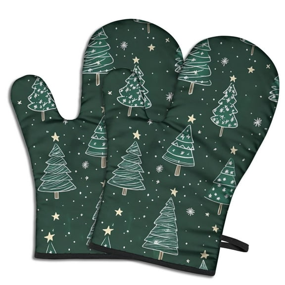 Cute Oven Mitts,Dark Green Christmas Tree Pattern Oven Mitt 2-Pack Set,Kitchen Gloves for Oven,Heat Resistant Oven Mitts 7.7"x12"