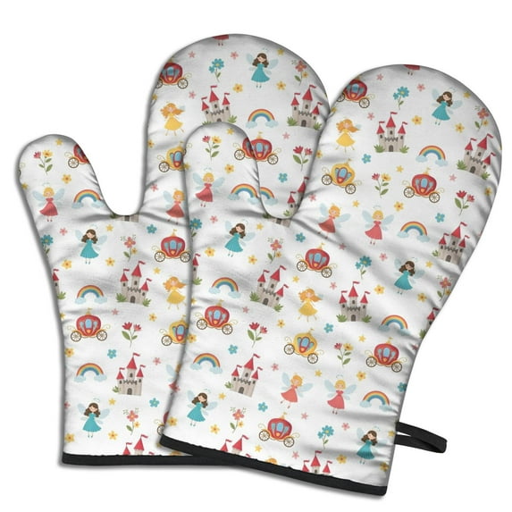 Cute Oven Mitts,Fairy Princess Castle Pattern Oven Mitt 2-Pack Set,Kitchen Gloves for Oven,Heat Resistant Oven Mitts 7.7"x12"