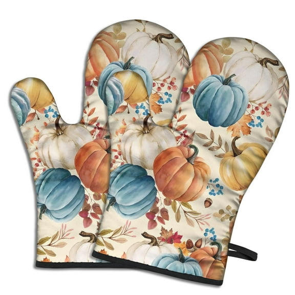 Cute Oven Mitts,Fall Pumpkins Leaves Pattern Oven Mitt 2-Pack Set,Kitchen Gloves for Oven,Heat Resistant Oven Mitts 7.7"x12"