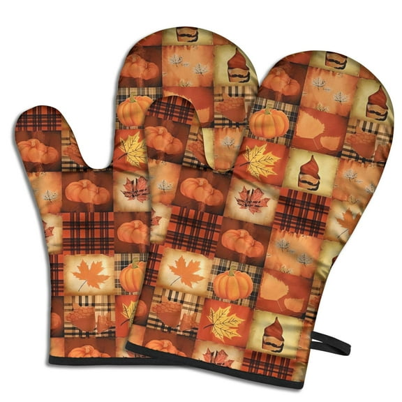 Cute Oven Mitts,Fall Pumpkins and Autumn Leaves Pattern Oven Mitt 2-Pack Set,Kitchen Gloves for Oven,Heat Resistant Oven Mitts 7.7"x12"