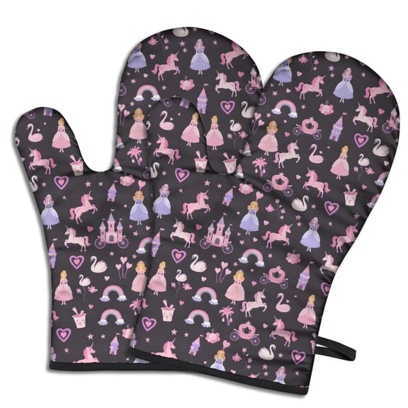 Cute Oven Mitts,Fantasy Princess Unicorn Pattern Oven Mitt 2-Pack Set,Kitchen Gloves for Oven,Heat Resistant Oven Mitts 7.7"x12"