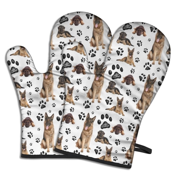 Cute Oven Mitts,German Shepherd Dog and Footprint Oven Mitt 2-Pack Set,Kitchen Gloves for Oven,Heat Resistant Oven Mitts 7.7"x12"