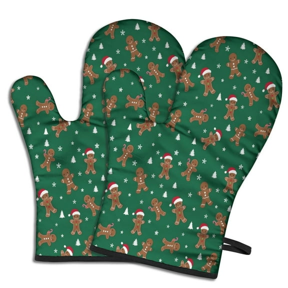 Cute Oven Mitts,Green Christmas Gingerbread Man Pattern Oven Mitt 2-Pack Set,Kitchen Gloves for Oven,Heat Resistant Oven Mitts 7.7"x12"
