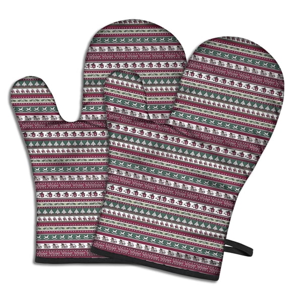 Cute Oven Mitts,Green and Red Christmas Pattern Oven Mitt 2-Pack Set,Kitchen Gloves for Oven,Heat Resistant Oven Mitts 7.7"x12"